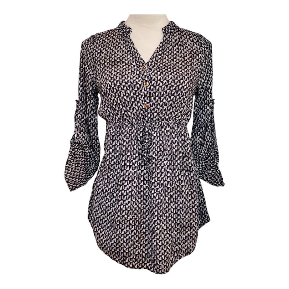 RHAPSODY SZ S 100% Rayon 3/4 Sleeve Flowy Geometric Print Gathered Tunic Top